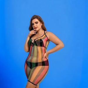 Plus Size‎ Sexy Lingerie Dress  Rainbow Striped Ring Decor Halter Neck Slim Fit